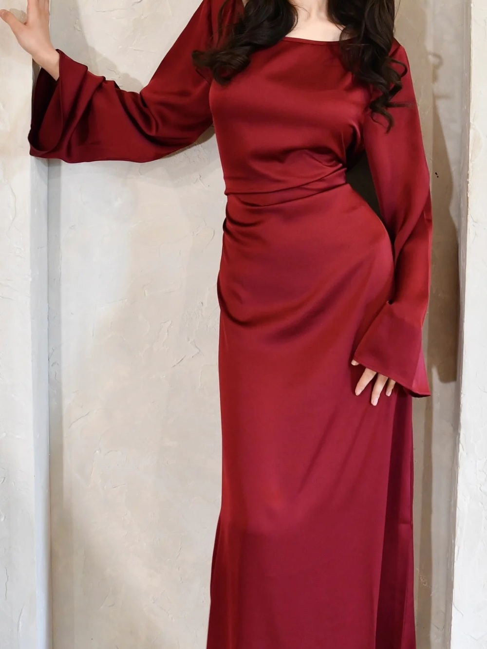 Elegant Burgundy Satin Maxi Dress with Flared Sleeves
